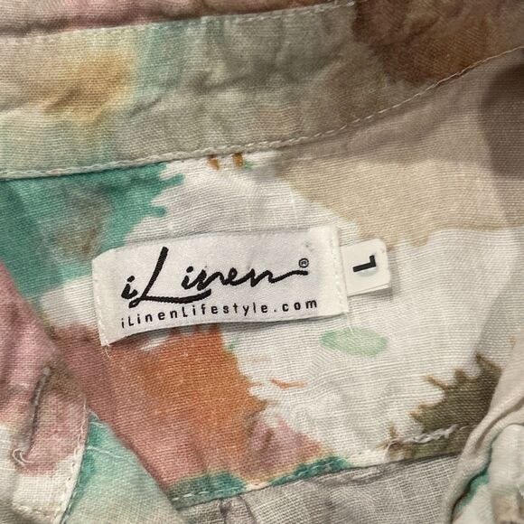 I Linen Tunic Top Womens Large Blouse Paint Splatter Hawaiian Shirt Pockets - Picture 2 of 5